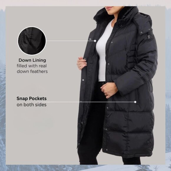 NEW - London Fog Faux-Fur-Trimmed Down Puffer Coat w/Hood - Black/Tan - Picture 12 of 13